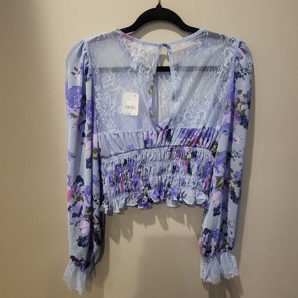 Free People Forever Femme floral print in blue and purple with lace small - Picture 6 of 8